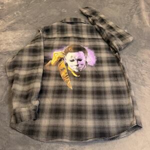 Yago Michael Myers Halloween Flannel Shirt Men Sz M Plaid Gray Black Horror